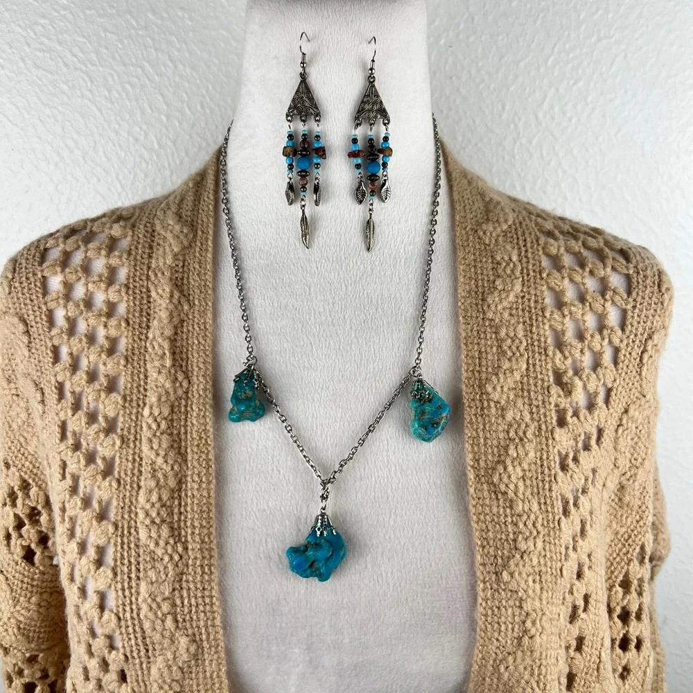 Boho Faux Turquoise Necklace and Earring Set Silver Tone Southwestern Artsy